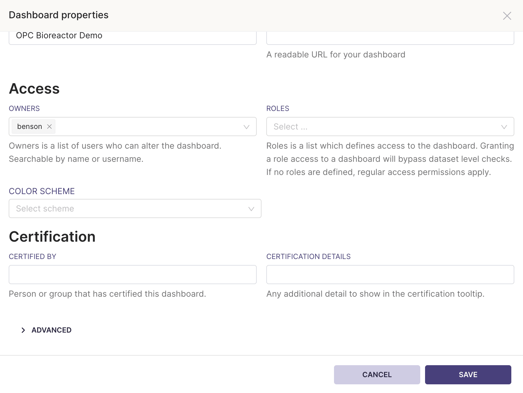 Dashboard properties