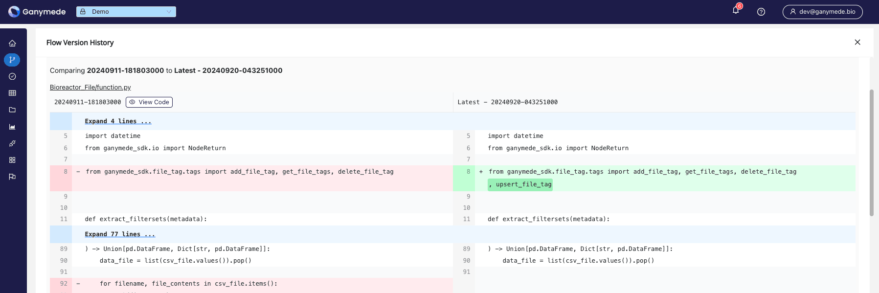 Flow Version History row expanded with diff