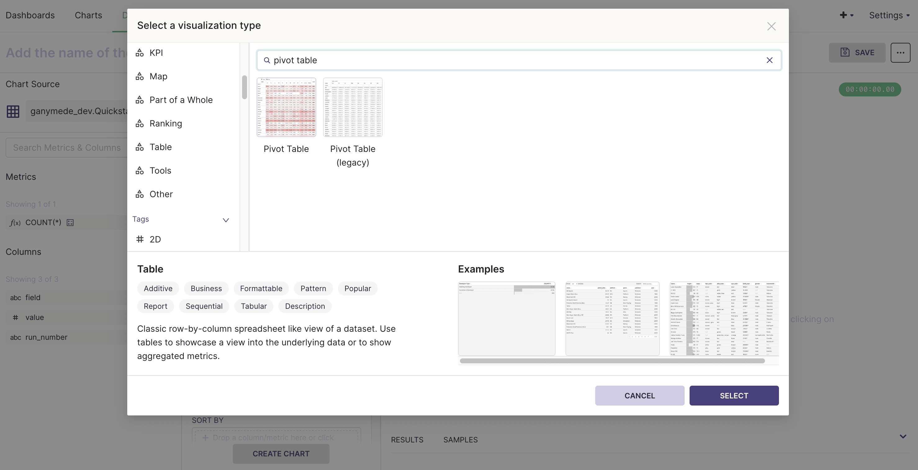 Dashboard Quickstart run parameters select pivot chart