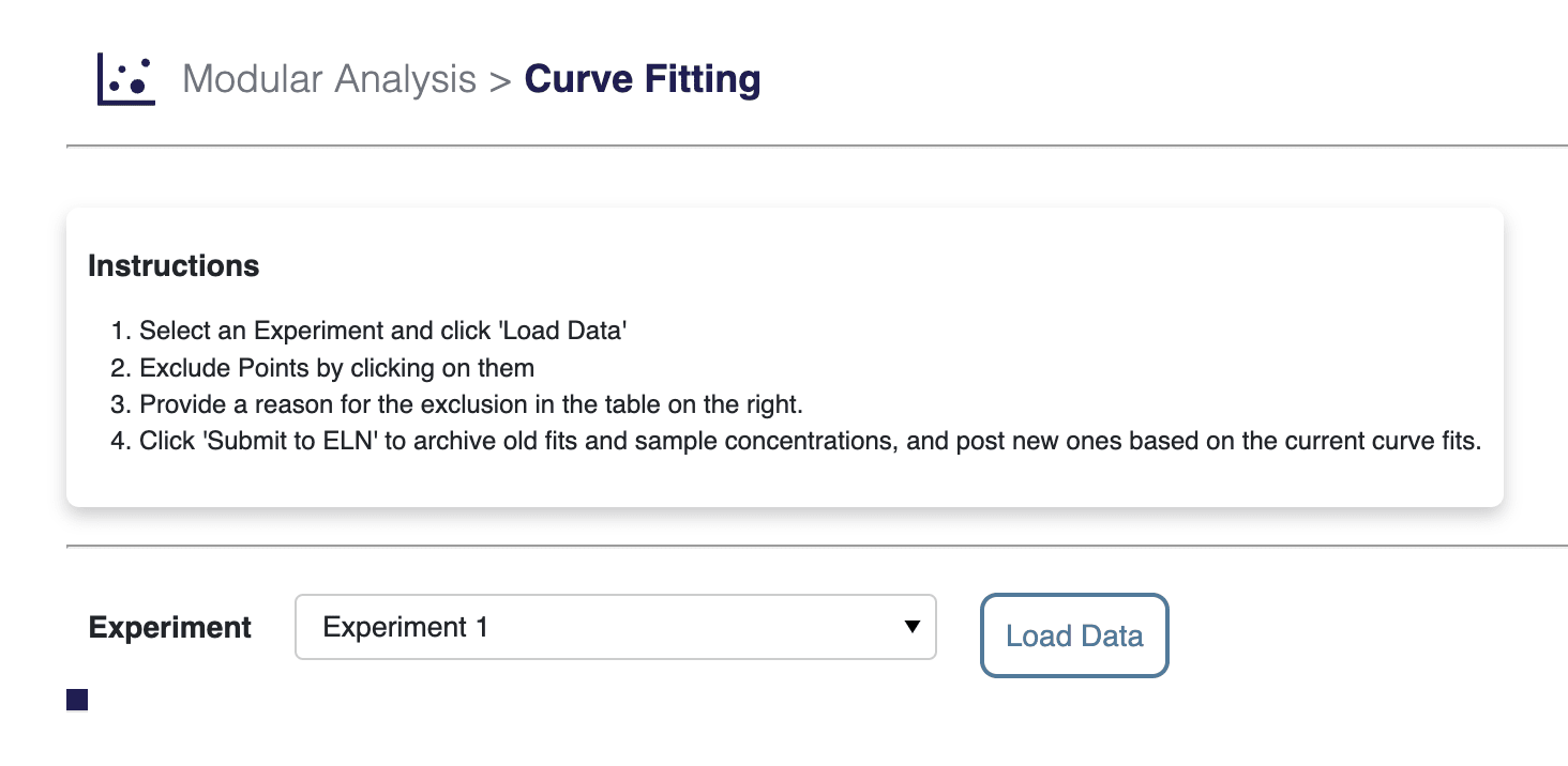 Curve Fitting initial data loading screen with instructions