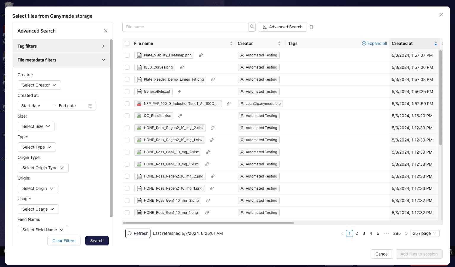 File select modal for Virtualization Session